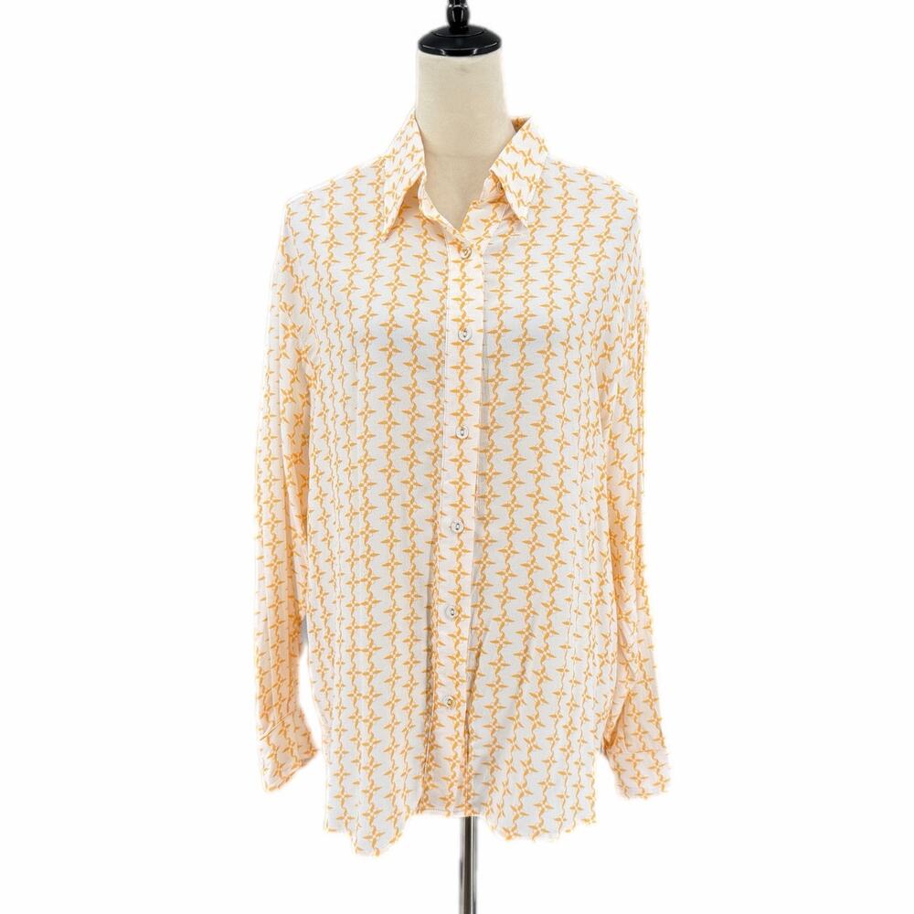 VRG GRL White Orange Patterned Button Down Casual Workwear Office Blouse Top